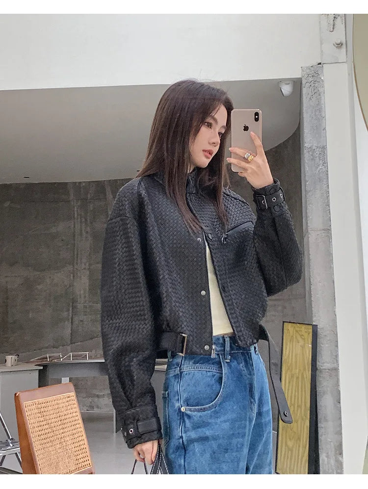 Natural Sheepskin Coat Women Autumn European and American Fashion Short Motorcycle Casual High Quality Hand-Woven Leather Jacket