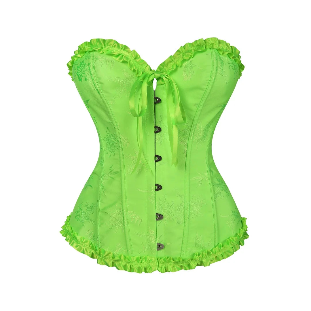 USA-Made Jacquard Ruffled Overbust Corset – Gothic Victorian Push-Up Bustier