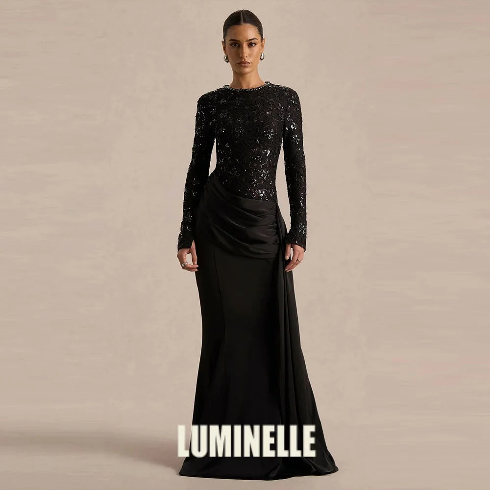 Satin Lace Sequin Evening Gown – Floor-Length Formal Dress