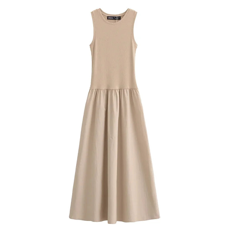 Khaki & Black Elegant Patchwork Maxi Dress – 2025 Spring Y2K Sleeveless