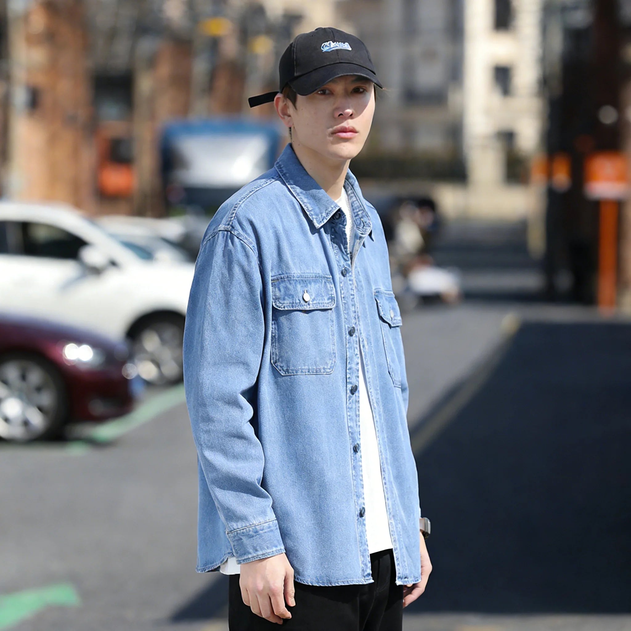 Retro Japanese Style Long Sleeve Denim Jacket Washed out Casual Workwear Versatile Spring Autumn Denim Shirt
