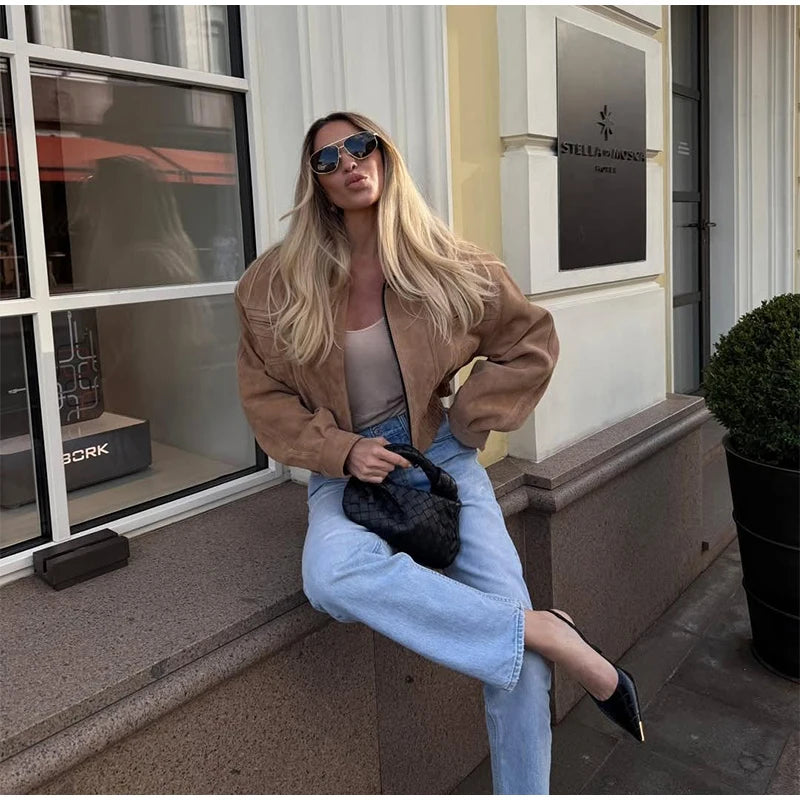 Brown Retro Suede Lapel Zippered Short Jackets Women's Casual Full Sleeves Pocket Loose Coats 2026 Spring Daily Commute Outwear