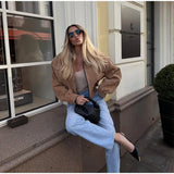 Brown Retro Suede Lapel Zippered Short Jackets Women's Casual Full Sleeves Pocket Loose Coats 2026 Spring Daily Commute Outwear