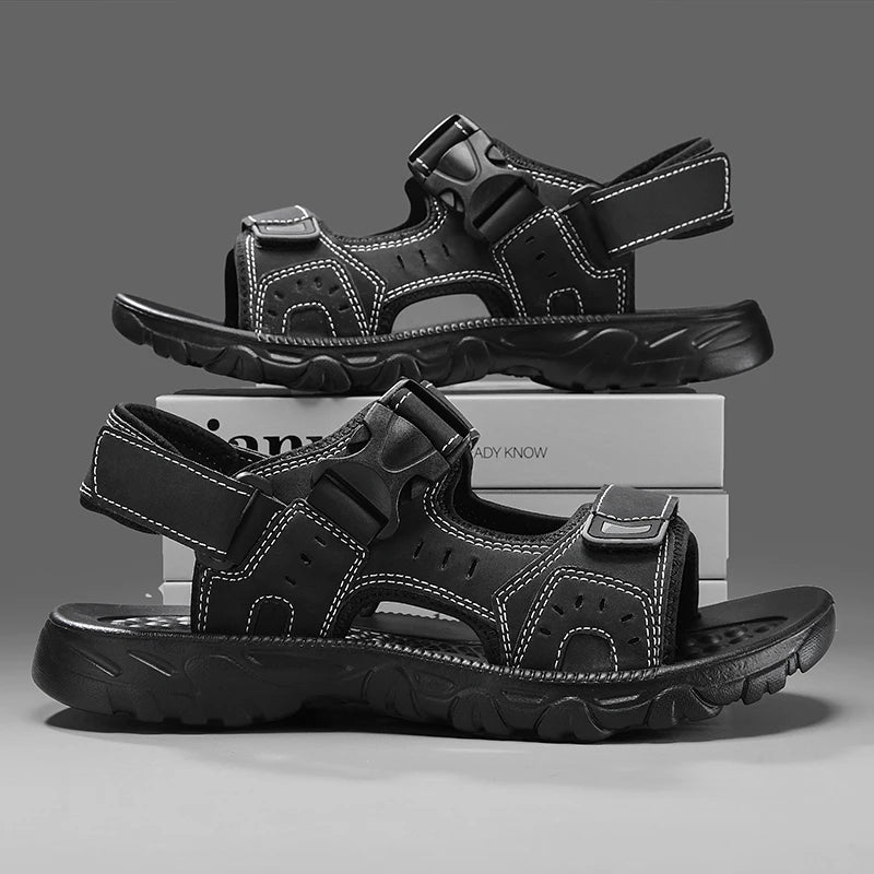 Summer Men Sandals PU Leather Lightweight Open Toe Flat Mens Casual Shoes Outdoor Walking Sandals for Men Beach Shoes Size 39-46