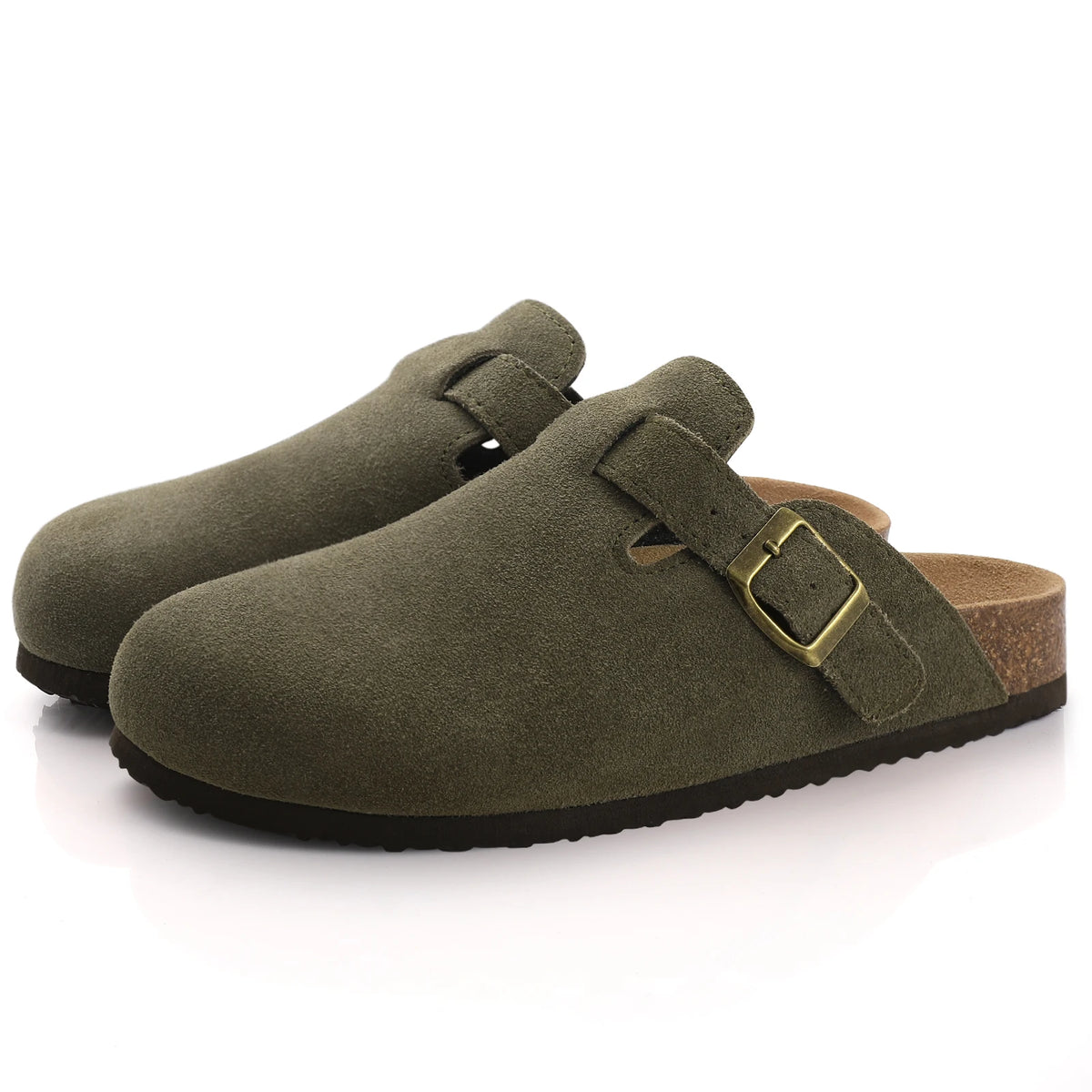 Evshine Men's Suede Clogs Fashion Leather Mules Cozy Footbed Slippers With Adjustable Buckle AntiSlip Cork Slippers Unisex Mules