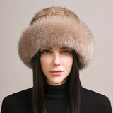 Genuine Knitted Mink Fur Hat with Fox Fur Brim