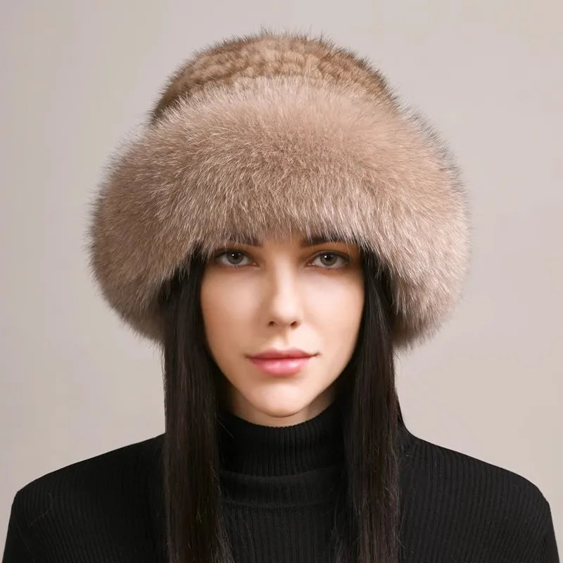Genuine Knitted Mink Fur Hat with Fox Fur Brim