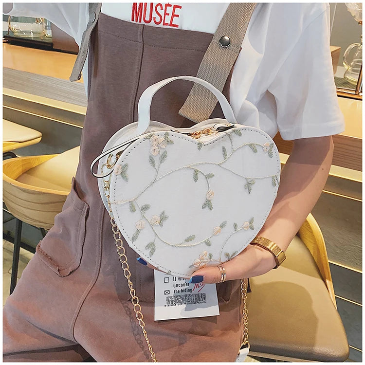 Female Sweet Lace Heart Round Handbags High Quality PU Leather Cross Body Bags for Women Small Fresh Flower Chain Shoulder Bags