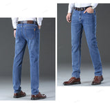OUSSYU Brand Classic Retro Blue Men's Jeans Denim Pants Work Streetwear Straight Stretch Business Autumn Winter Cotton Trousers