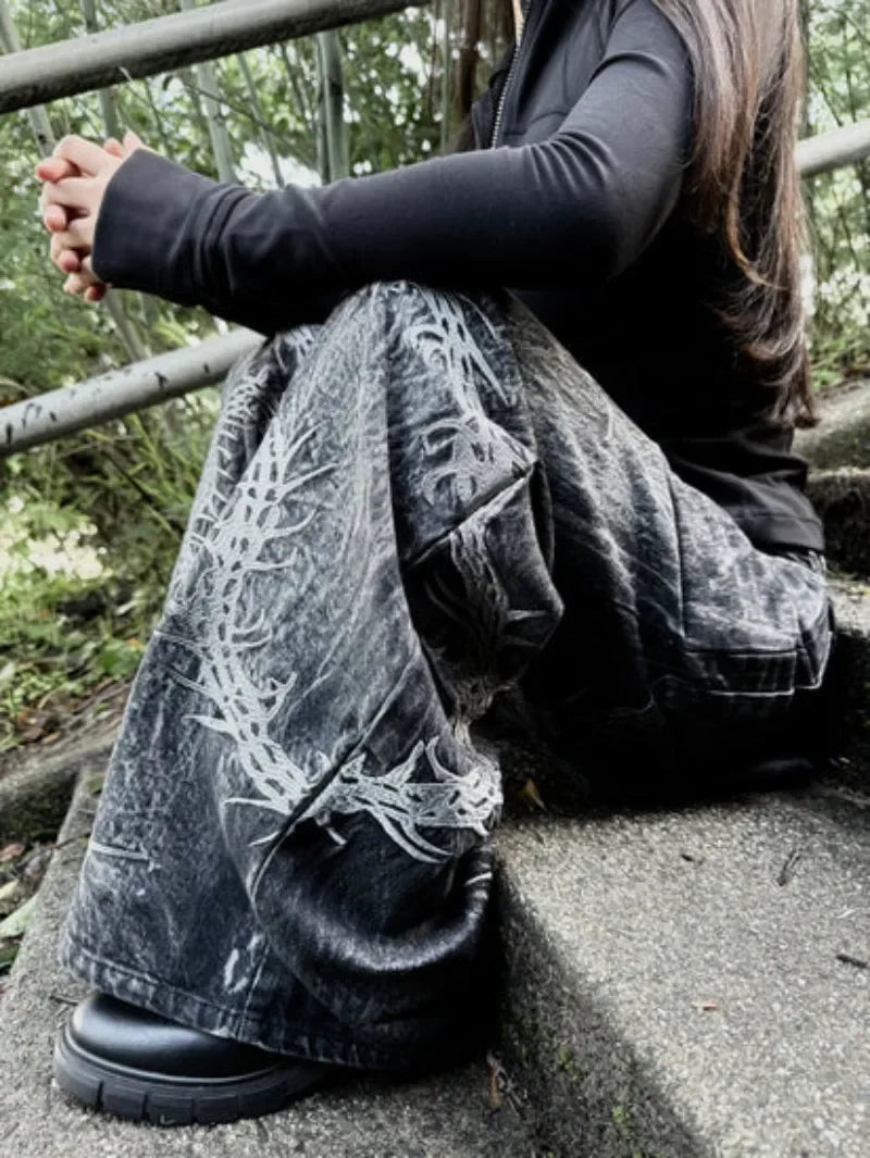 Y2K Retro Centipede Embroidered Oversized Wide-Leg Gothic Jeans