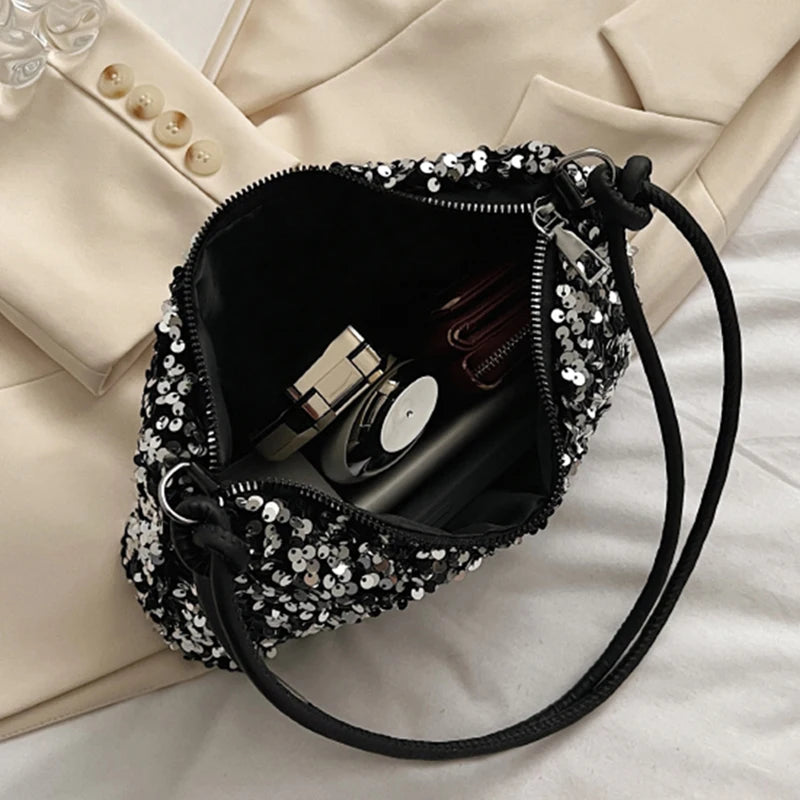 Daily Trendy V-neck Sequins Mini Underarm Bag Soft Lining, Simple Party Handbag for Women Street Matching Night Events