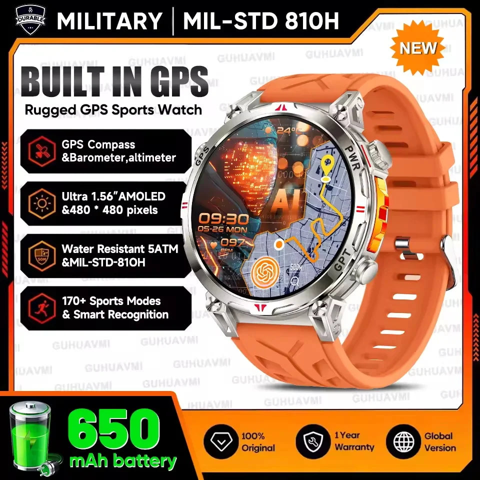 New Upgrade GPS Outdoor Sports SmartWatch Men With 5ATM Swim Compass Altimeter 1.56" AMOLED Heart Rate Bluetooth Call Smartwatch