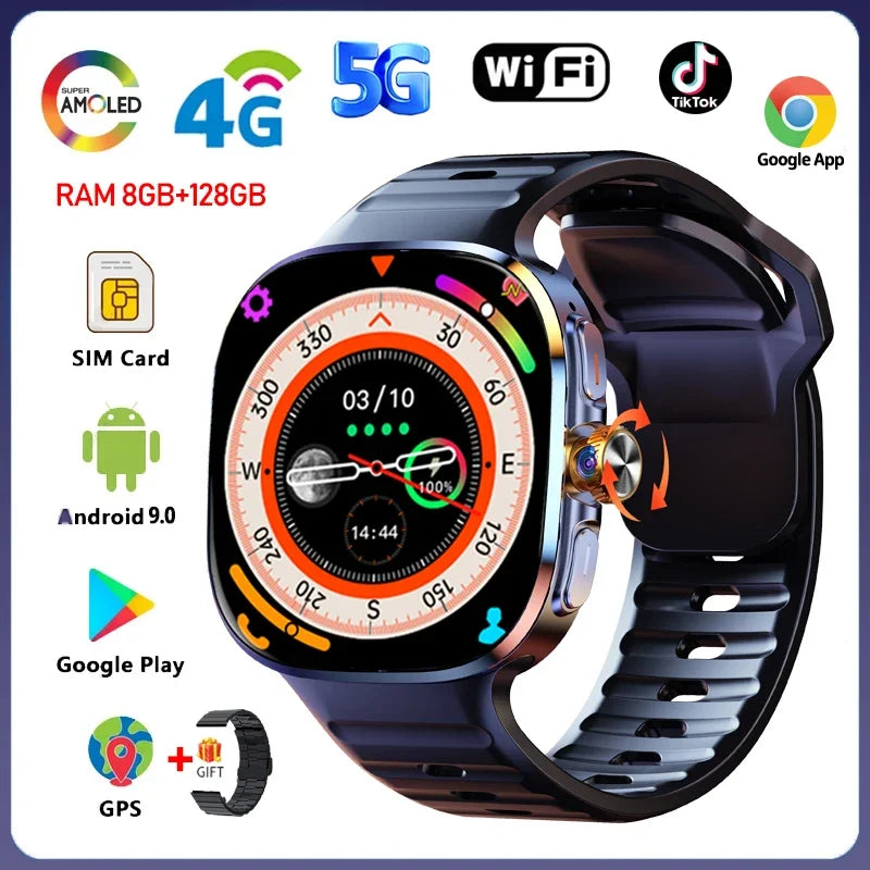 8GB+128GB RAM 4G/3G Smart Watch 2.40 inch AMOLED 2100mah Battery 900W Camera GPS WIFI Google APPS Download Smartwatch Android 10