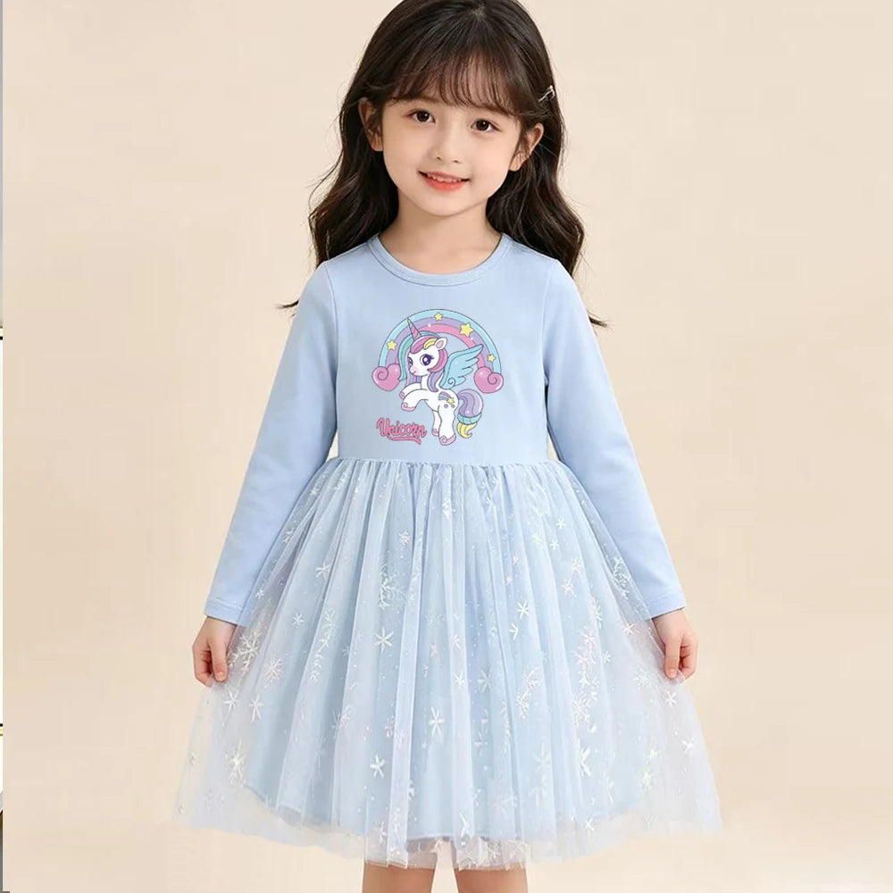 New Girls Dress Spring Autumn Kids Long Sleeve Princess Dress For Children Fashion Clothes Baby Birthday Party Clothing Unicorn