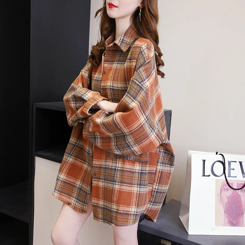 Vintage Plaid Long-Sleeve Blouse