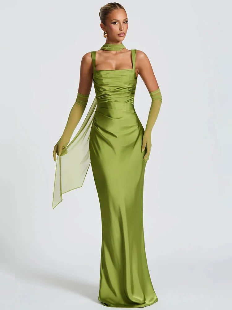 Elegant Backless Satin Maxi Dress – Sleeveless Halter Bodycon Party Gown