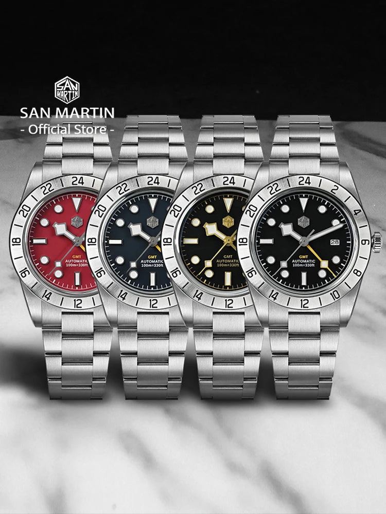 San Martin Upgraded 38.3mm BB GMT Hangzhou 6460 Men Automatic Mechanical Watches Sport Sapphire Luminous Waterproof 100m SN0054