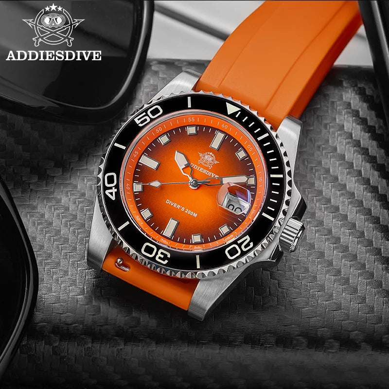 ADDIESDIVE Quartz Watch Men Ceramic Bezel 41mm Gradient Orange Dial AR Coated Glass Luminous Waterproof 200m Diving Watch New
