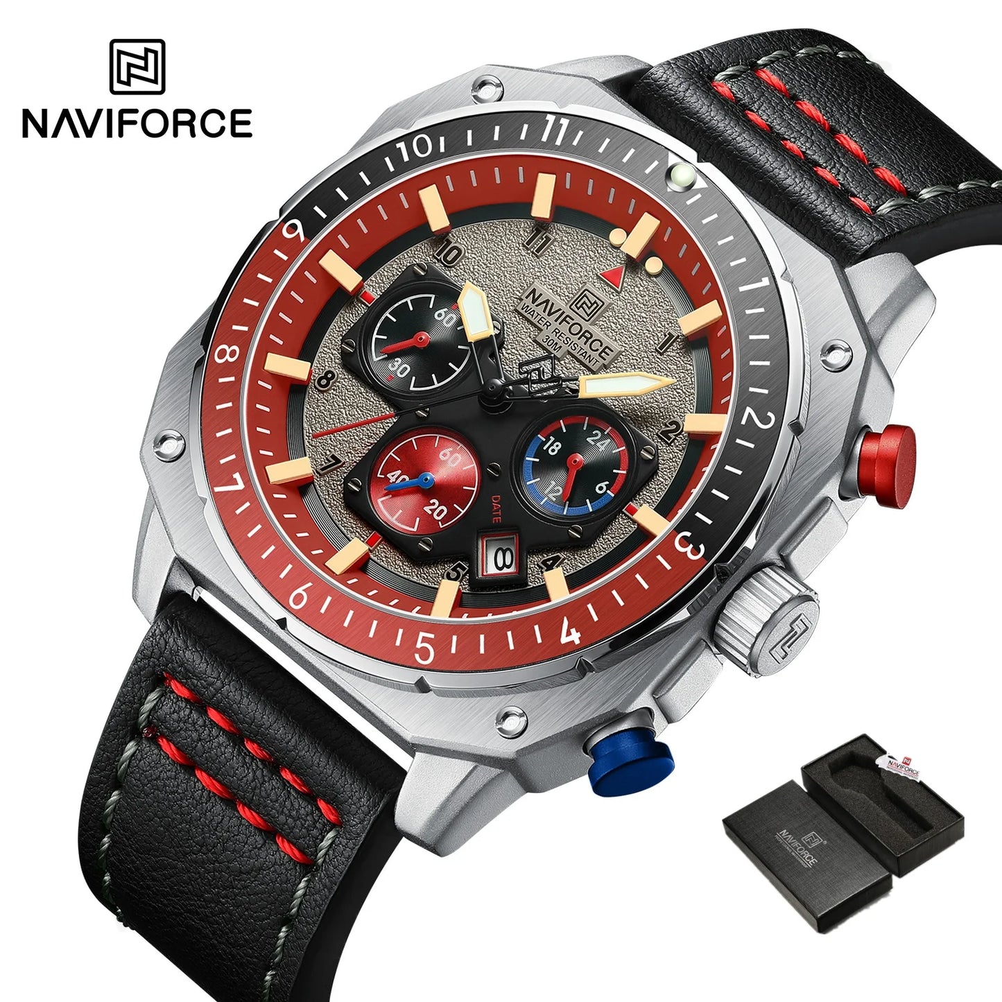 NAVIFORCE Sports Multifunction Waterproof Watches for Men Fashion Leather Luxury Brand Quartz Analog Luminous Square Wrist Watch
