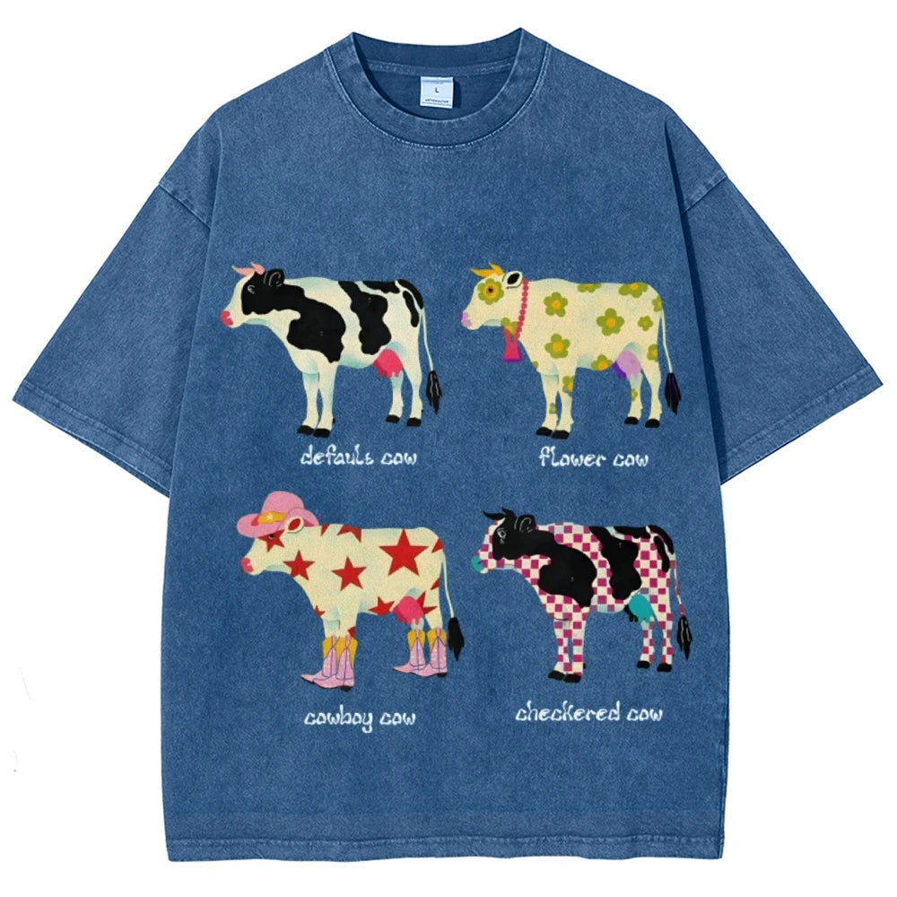 Cute Cartoon Cow Print T-Shirt Pure Cotton Washed Shoulder Round Neck Neutral Style Fashion Trend New High Quality Short Sleeves