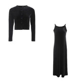 2024 Autumn Women Solid Color New Sleeveless Dress Single-breasted Long-sleeved Cardigan And Long Robes Female Casual Clothes