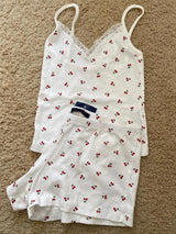 Strawberry Vest Shorts 2 Pieces Set Woman Eyelet Bow Slim Tank Top with Elastic Waist Patchwork Straight Short Pant Sweet Sets