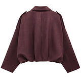 HXAO Women's Bomber Jacket Lapel Long Sleeve Zipper Suede Jacket Women 2025 High Street Cropped Racing Jackets Coats Outerwears