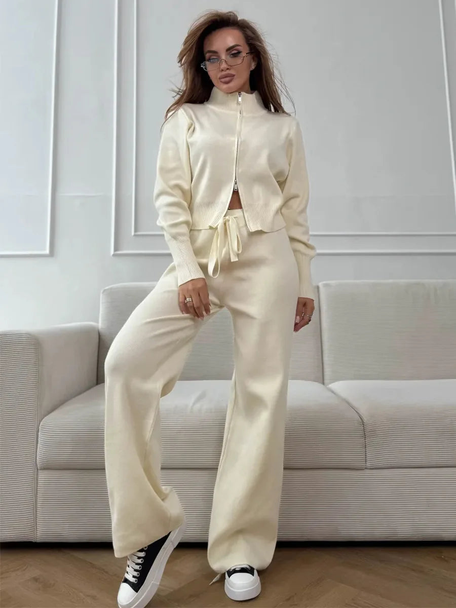 Bornladies Women's New Knit Zip Up Cardigan Wide Leg Pants Set Soft Fabric Cropped Elastic Waist Autumn Winter Fashion Sweater