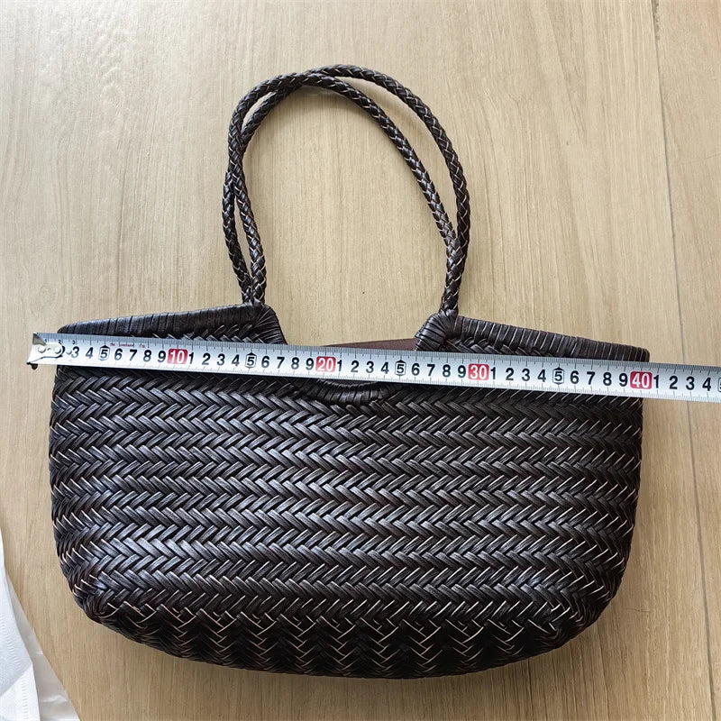 Luxury Designer Genuine Leather Cowhide Hand-woven Tote Bag High Quality Vintage Women's  Vacation Travel Beach Shoulder Bag
