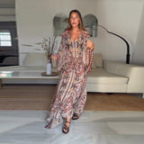 Women V Neck Vintage Vine Print Batwing Sleeve Maxi Dress Drawstring Waist Loose Flare Long Dress Mesh Texture Beach Vacation