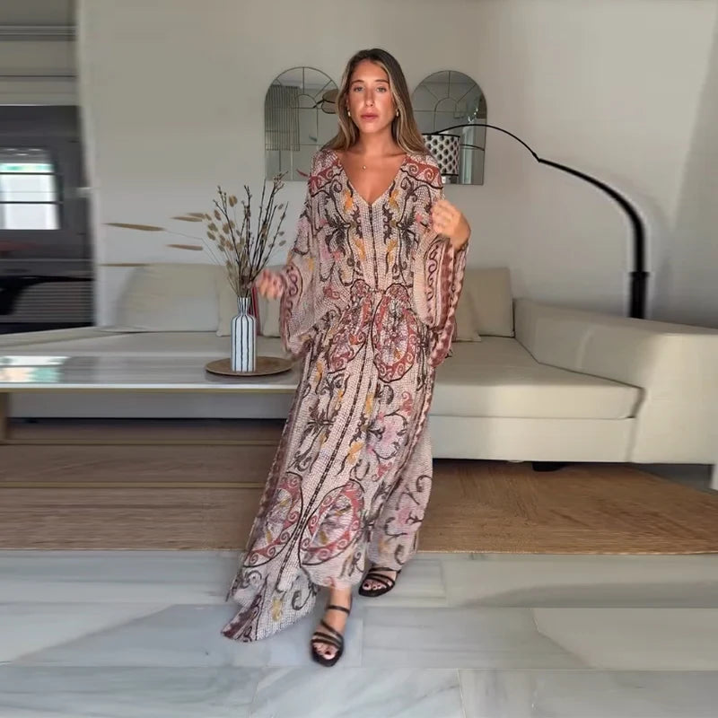 Women V Neck Vintage Vine Print Batwing Sleeve Maxi Dress Drawstring Waist Loose Flare Long Dress Mesh Texture Beach Vacation