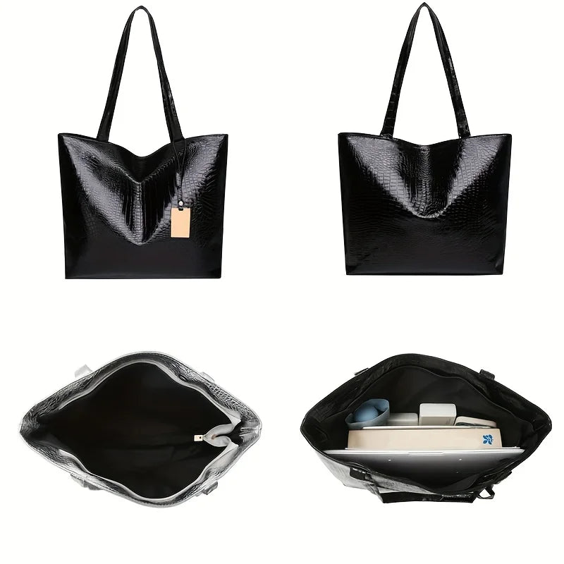 Women's Metallic PU Leather Tote Bag with Zipper