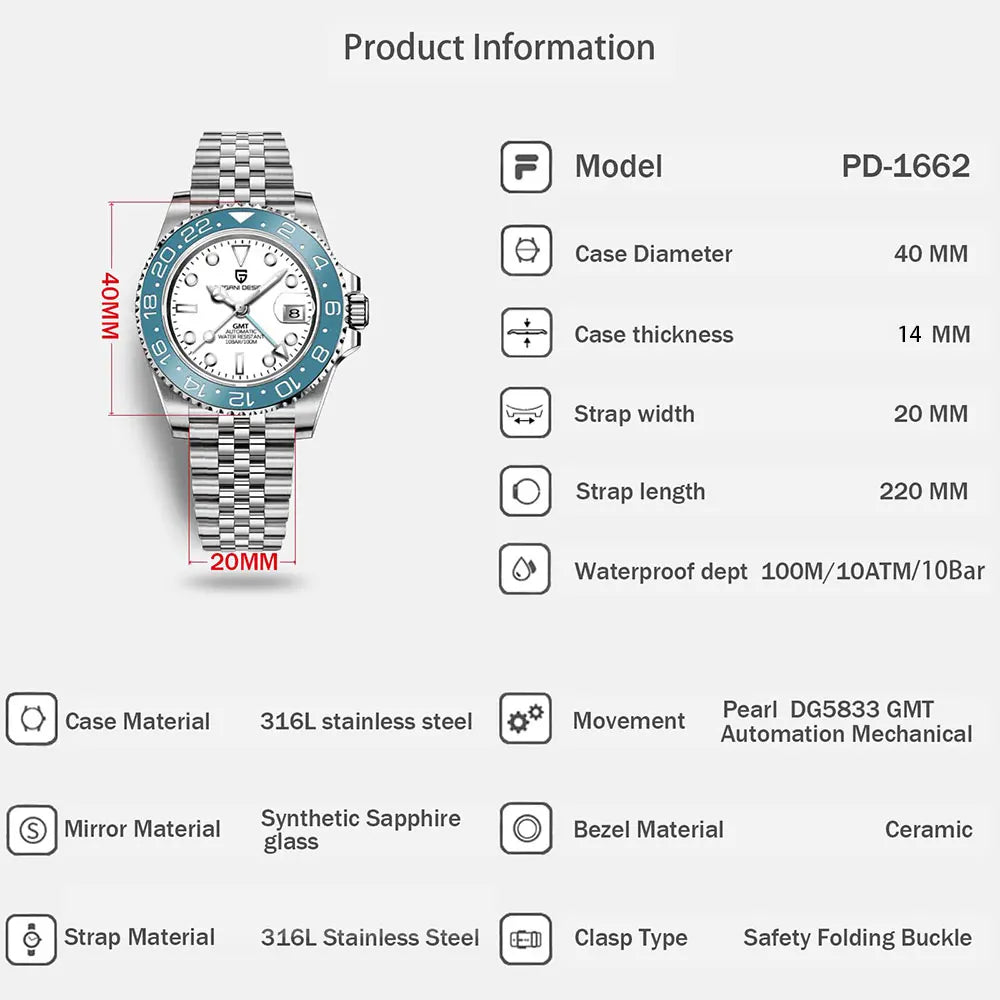 New PAGANI DESIGN Men Mechanical Watch 40mm Luxury Automatic Mens Watches 10Bar Waterproof GMT Wristwatch for Man's Gift PD-1662
