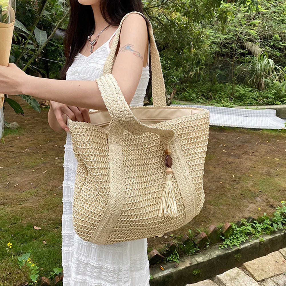 Woven Handbags Ladies Summer Woven Totes Bag with Tassel Women Shoulder Bag Large Capacity Fashion Straw Female Shopper Bag
