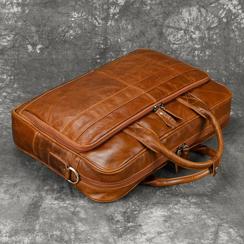 Men Briefcase Genuine Leather Laptop Bag 14 15.6" PC Doctor Lawyer Computer Bag Cowhide Male Briefcase Leather Men Business Bag