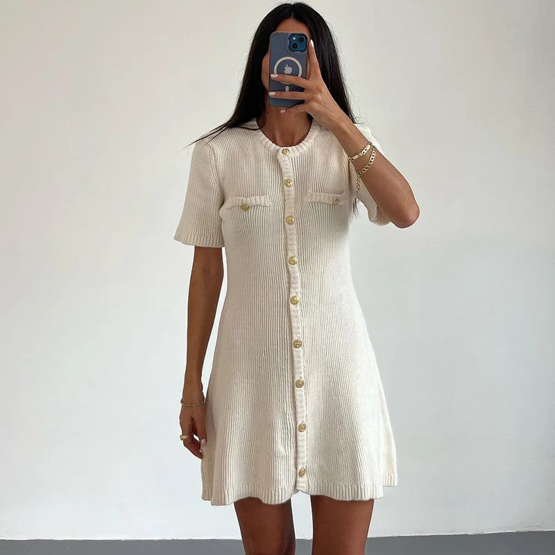 Elegant Metal Button Ribbed Mini Dress