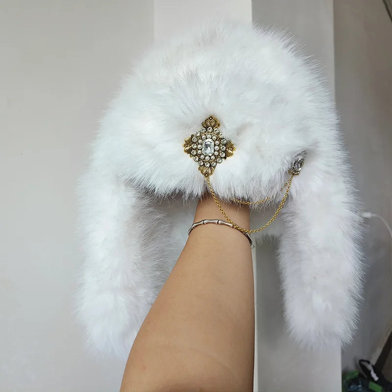 Designer Luxury Bomber hat women's ski cap winter hat faux fur pilot hat diamond thickened warm ear protection hat versatile털모
