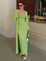 Hirsionsan Soft Loose Sets Women Two Pieces Long Sleeve Cardigan & Vest Dresses Elegant Female Hollow Outfits Cotton Tracksuit