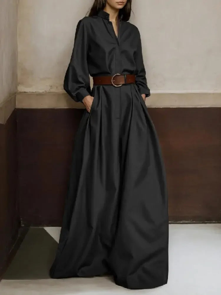 High-Waisted Wide Leg Jumpsuit - Half-Collar Long Sleeve One-Piece
