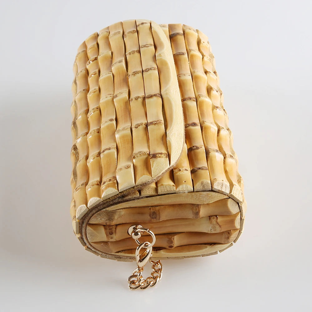 Nilerun Brand Long Adjustable Chain Unique Handmade Natural Wood Rattan Straw Bamboo Root Cross Body Shoulder Messenger Bag