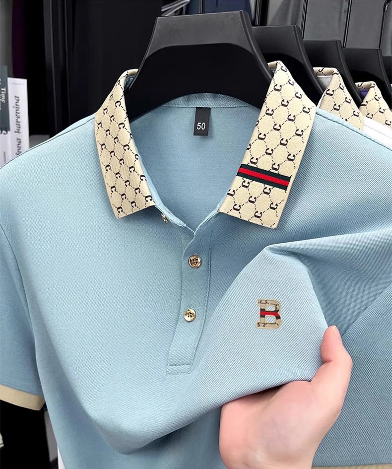 B Letter Embossed Short Sleeve Polo Shirt for Men
