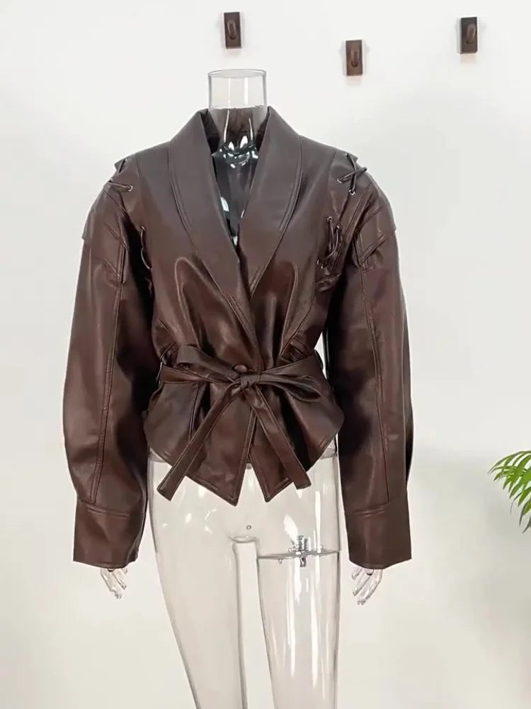 Women Vintage Brown Leather Jacket Lapel Padded Shoulder High Waist Leather Coat With Belt 2025 Lady Autumn Fashion Short Coats