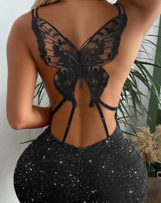 Glitter Butterfly Hollow-Out Bodycon Dress | Chic Night-Out Mini