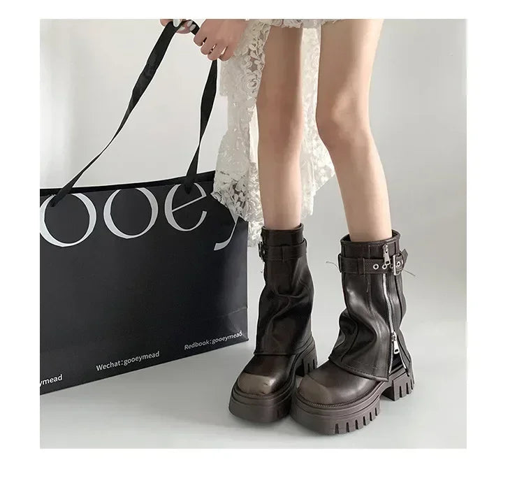 Women's Biker Boots – Belt Buckle Platform Mid-Calf