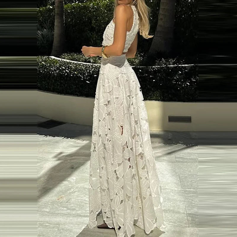 Elegant Boho Lace Embroidery 2-Piece Set | Sleeveless Crop Top & Maxi Skirt