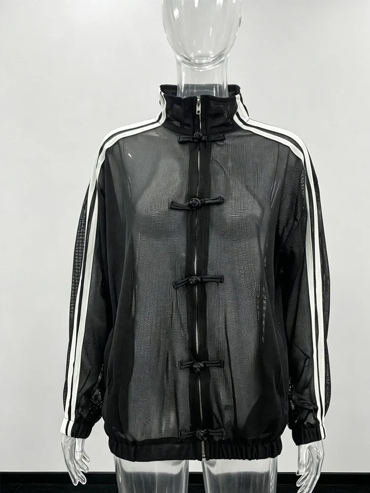 Women's Sheer Striped Stand-Collar Layering Jacket