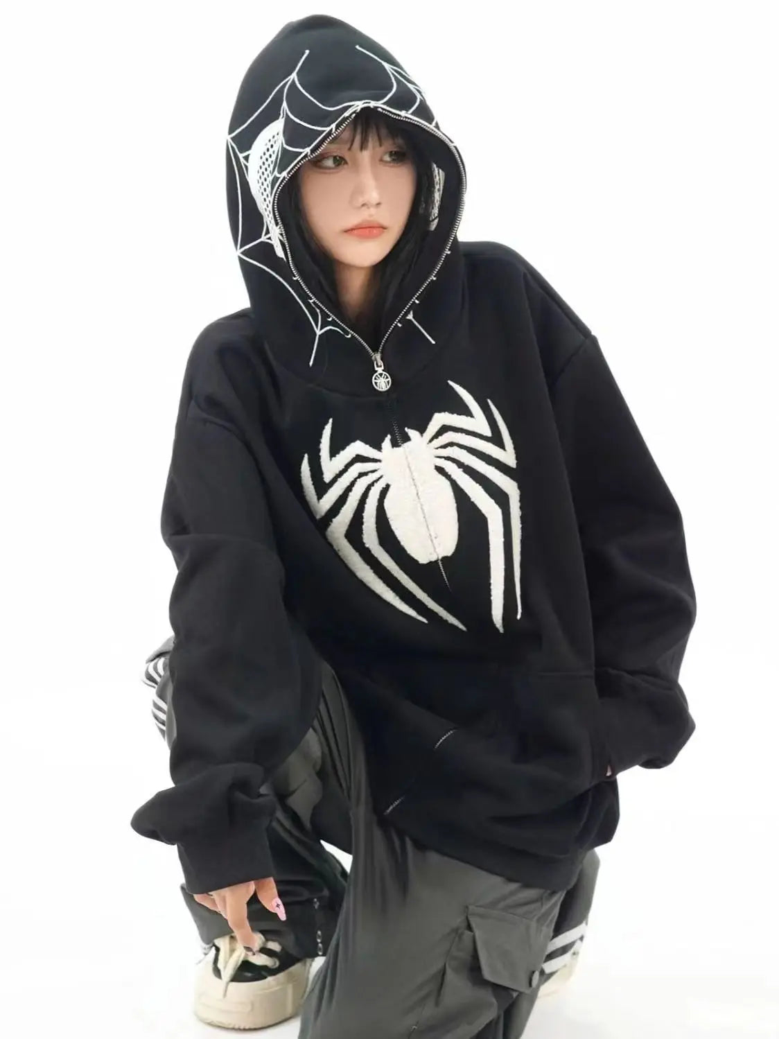 Oversized Y2K Spider Zip-Up Hoodie