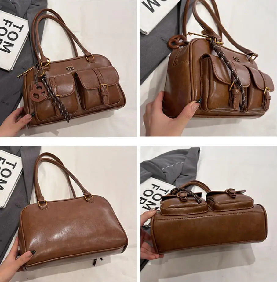 Women’s Coffee Brown Multi-Pocket Shoulder Bag | Vintage PU Leather Crossbody