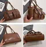 Women’s Coffee Brown Multi-Pocket Shoulder Bag | Vintage PU Leather Crossbody