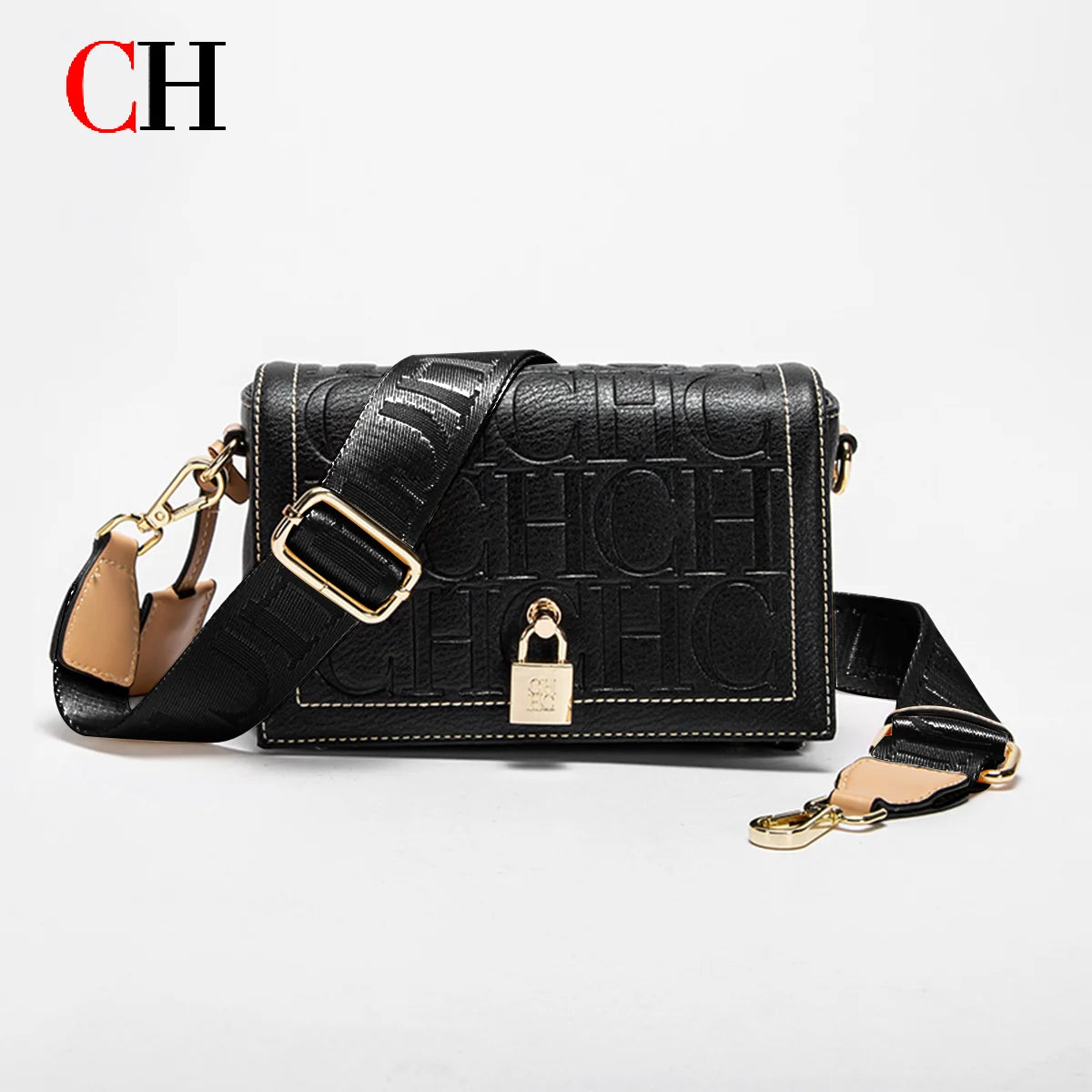 CH Crossbody Bag For Women Luxury Monogram Leather Handbag Fashion Wide Strap Shoulder Bag Elegant Lock Flap Bag For Daily Use